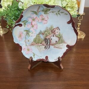 Vintage Porcelain 8-inch Scalloped Handled Plate Hand-Painted Signed Dogwoods
